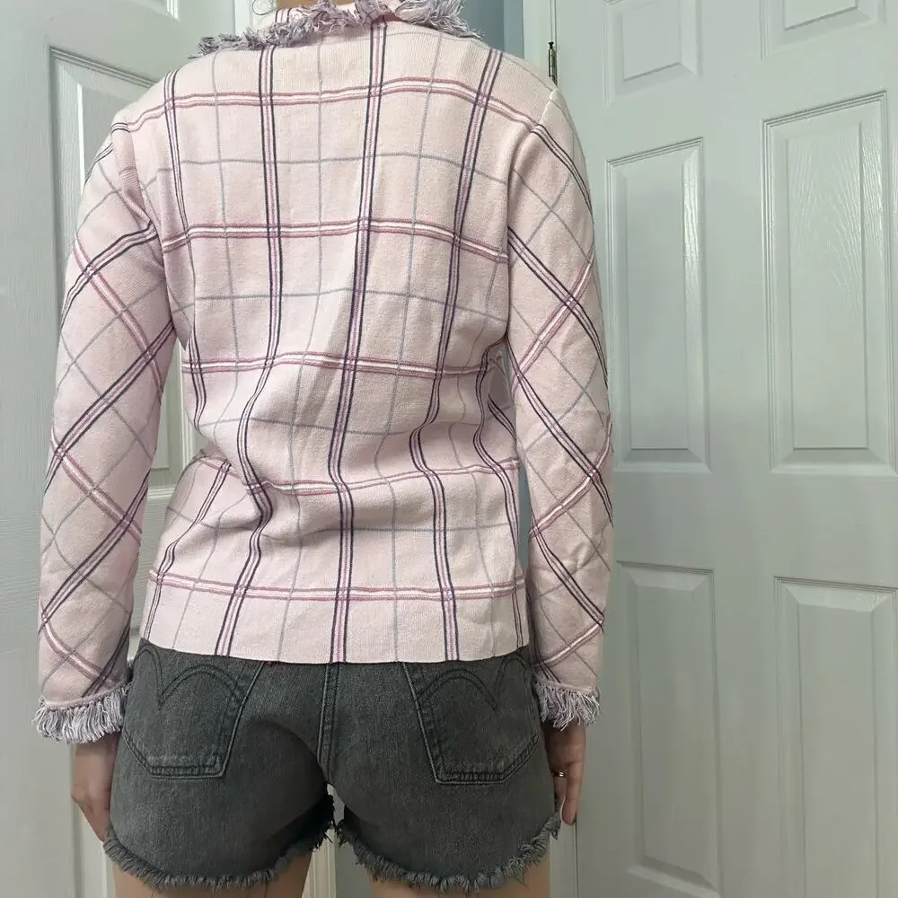 Vintage Cardigan Sweater Pink Purple Plaid Fringe Preppy Coquette Size Small
